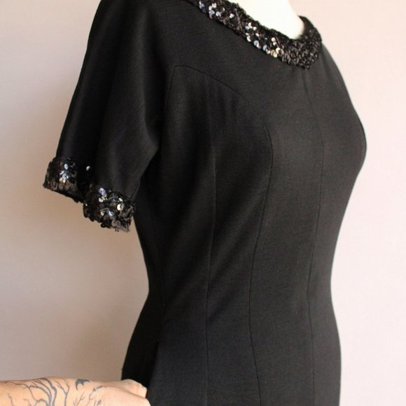 Vintage 1960s Dress / Black Wiggle Dress with Pockets and Sequin Trim / V Neck - Picture 6 of 10